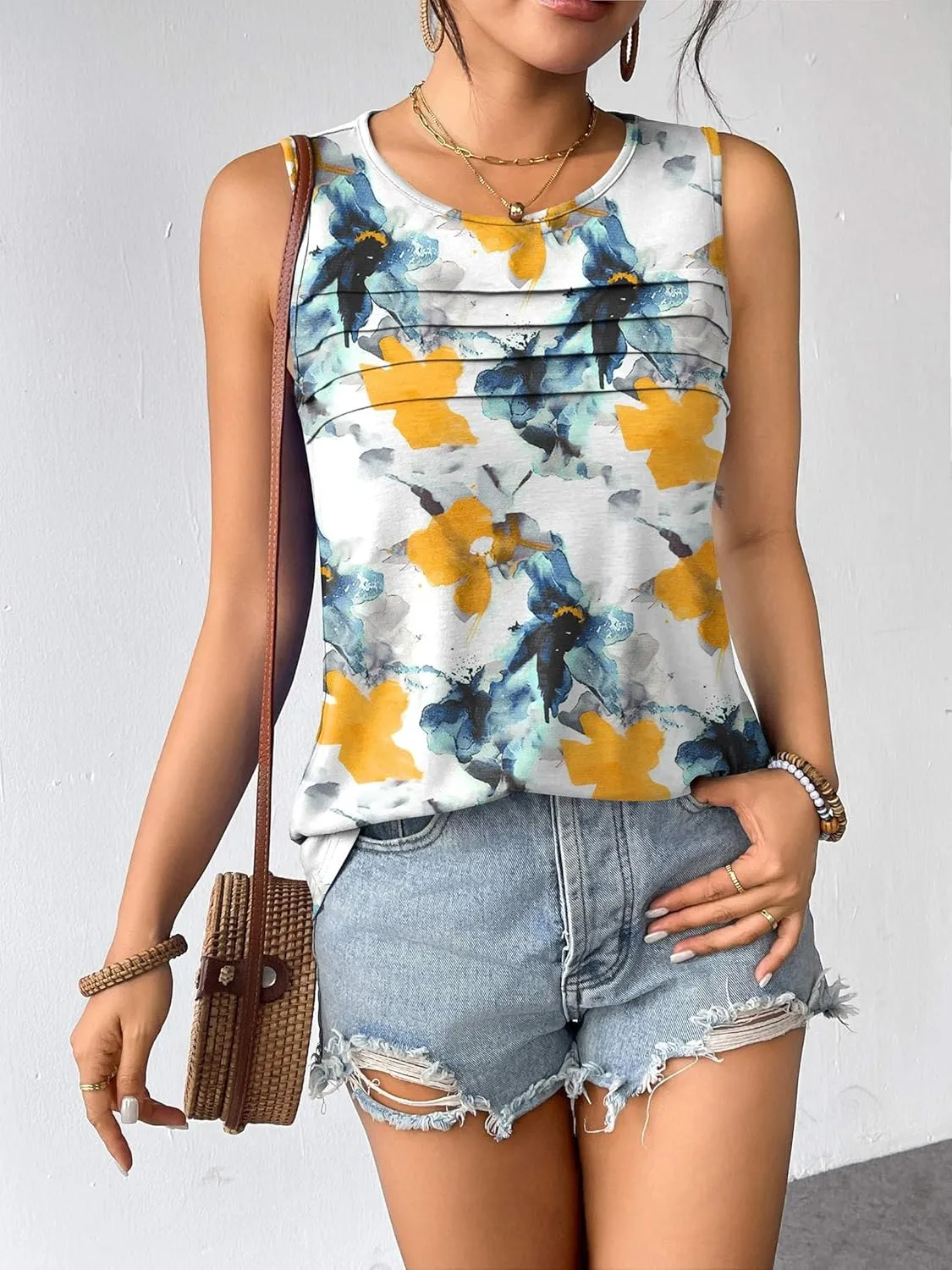 Zeagoo Tank Top Blouses Scooped Neck Pleated Front Shirts