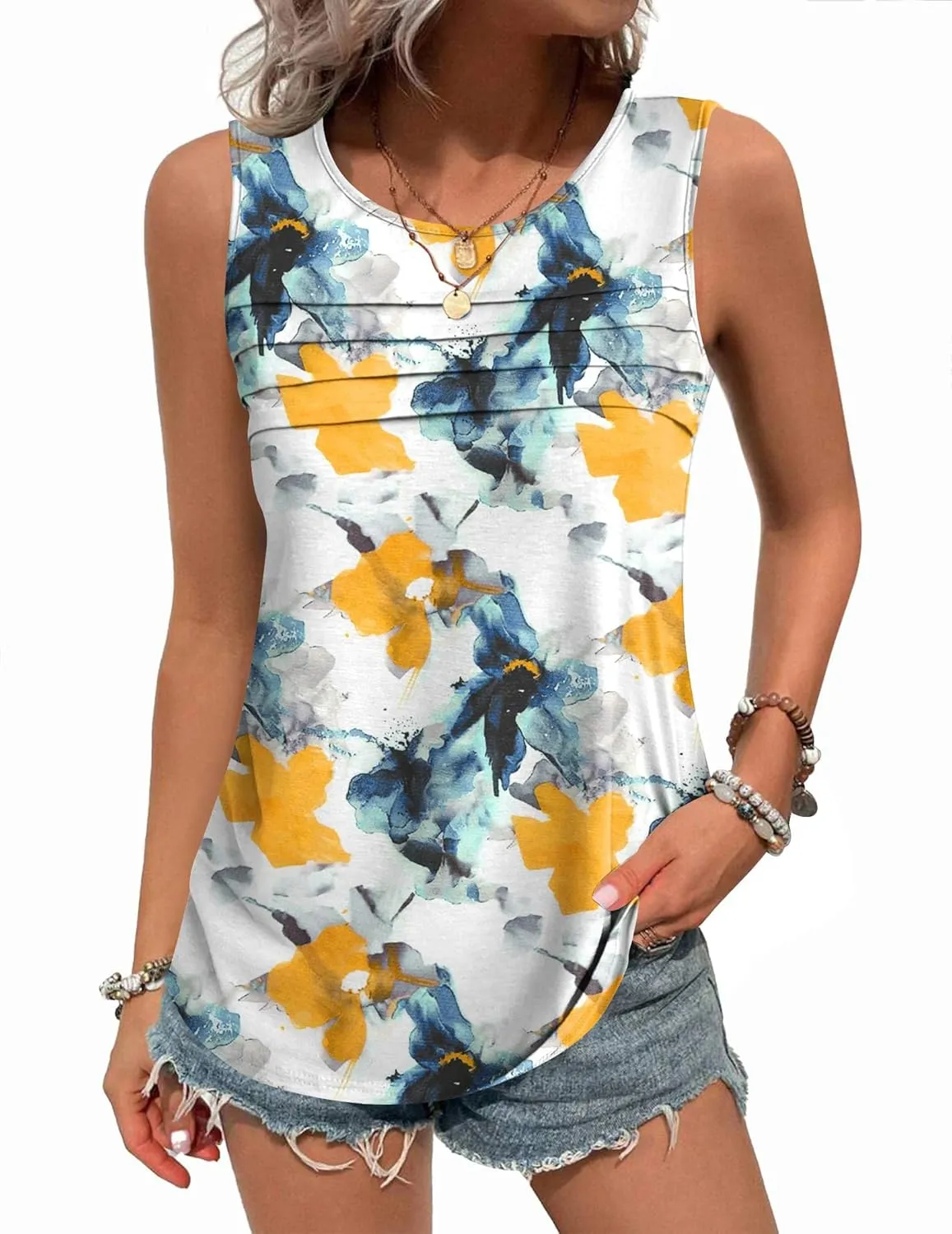 Zeagoo Tank Top Blouses Scooped Neck Pleated Front Shirts