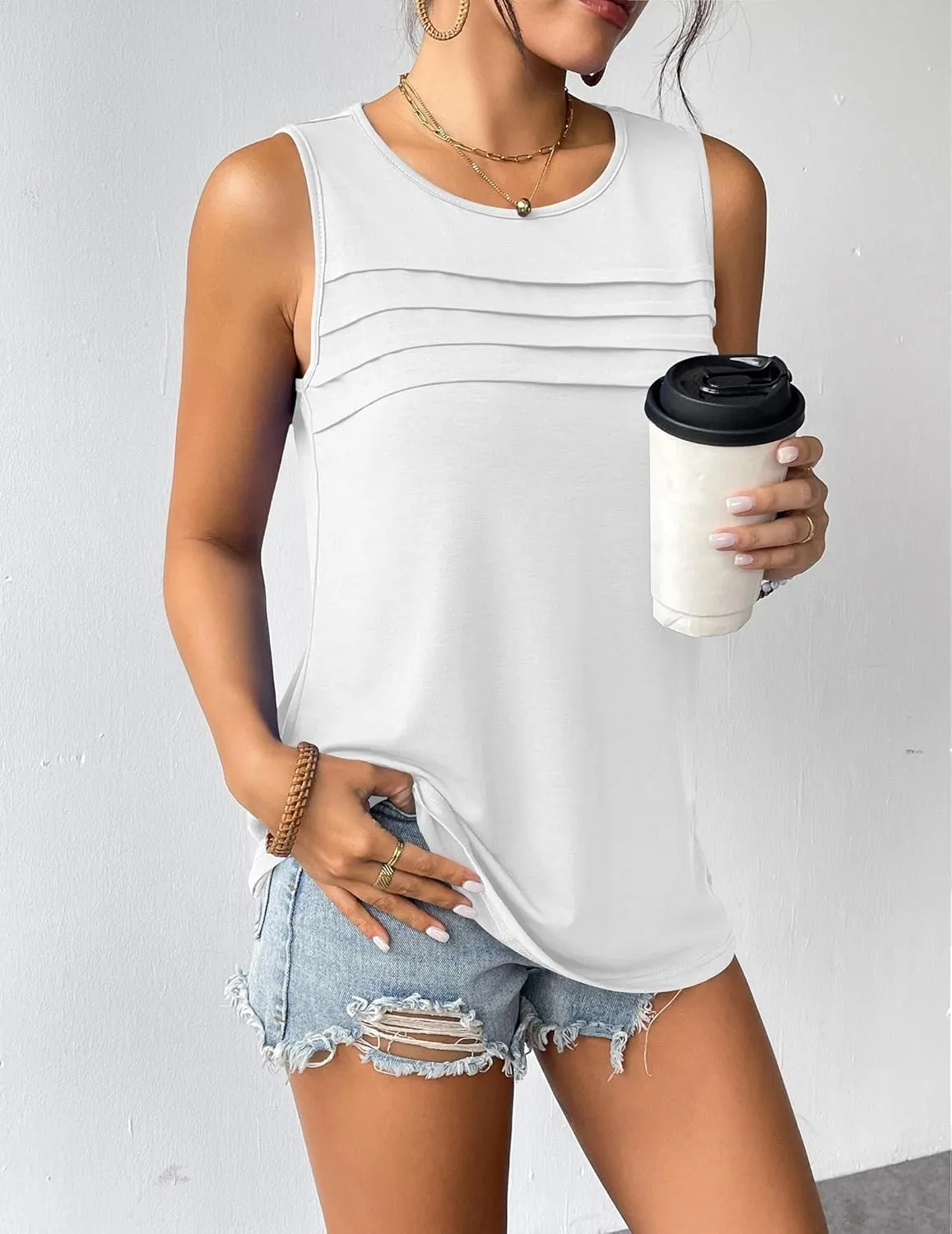 Zeagoo Tank Top Blouses Scooped Neck Pleated Front Shirts