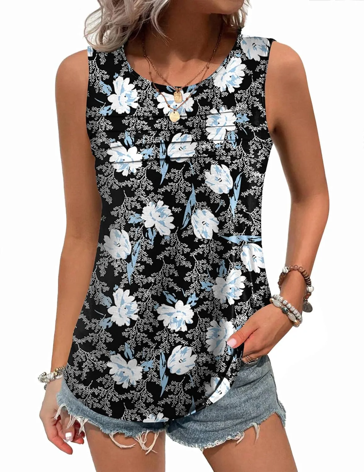 Zeagoo Tank Top Blouses Scooped Neck Pleated Front Shirts