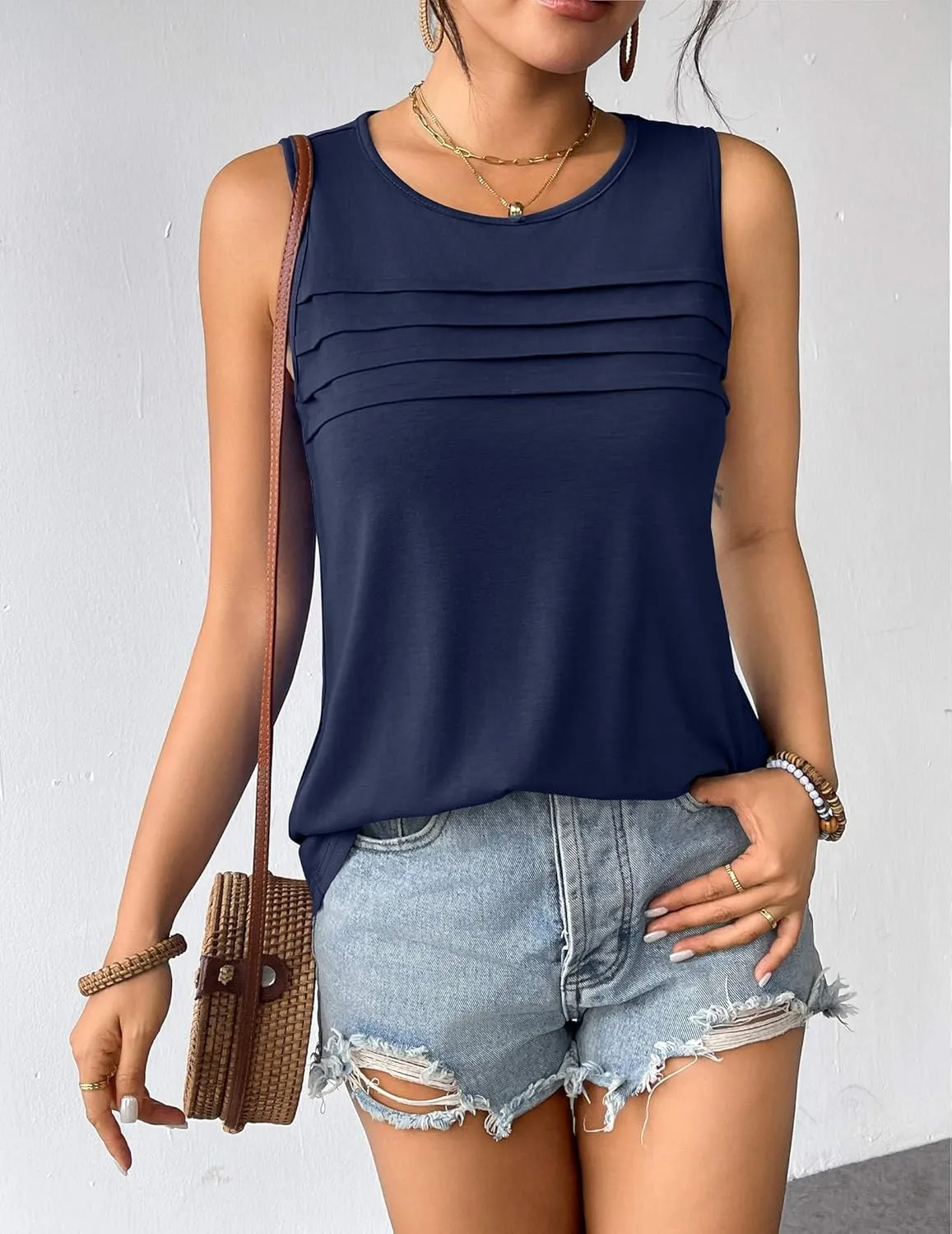 Zeagoo Tank Top Blouses Scooped Neck Pleated Front Shirts