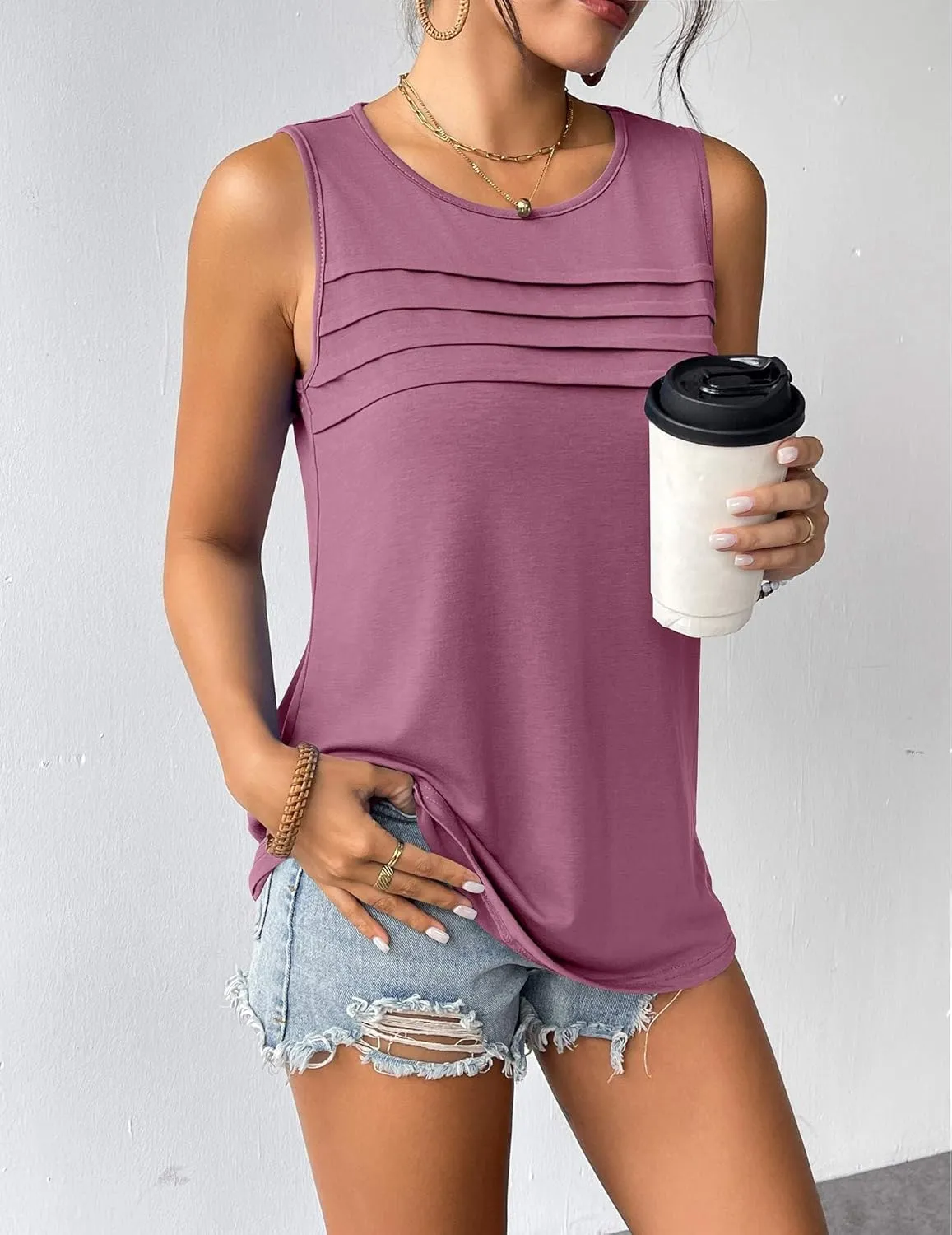 Zeagoo Tank Top Blouses Scooped Neck Pleated Front Shirts